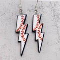 Detail of lightning bolt acrylic earrings with baseball stitching pattern and silver hooks - Baseball Style (JE0991B)