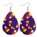 Detail of teardrop leather earrings featuring a colorful Halloween candy corn pattern - Candy Corn Style (JE1000D)