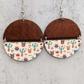 Pendientes Navidad vintage con piezas madera semicirculares y estampados en fondo de piedra - Estilo Papá Noel Cactus Cangrejo (JE1017G)