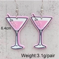 Close-up of Halloween cocktail glass earrings with pink liquid and skull charms - Skeleton Cocktail Glass Style (JE1043D)