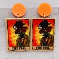 Detail of The Fool tarot card drop earrings with orange studs and cowboy art - The Fool (JE1040D) / Orange