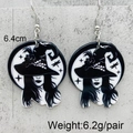 Detail view of 6.4cm acrylic witch earrings with weights and dimensions on gray card - Classic Witch (JE1050F)