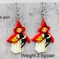 Pendientes de Halloween en acrílico con diseño vintage de niña, calabaza y gato negro - Niña en Rojo con Gato (JE1054E)
