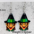 Halloween witch head drop earrings made of acrylic with green hat and witchy smile - Witch in Green Hat (JE1054C)