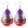 Halloween teardrop faux leather earrings featuring skull and RIP tombstone patterns - Ghost Tombstone Style (JE1000A)
