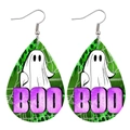 Green leather teardrop earrings with Halloween ghost, spider web and BOO lettering - Ghost Spiderweb Style (JE1000B)