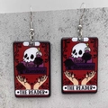 Detail of gothic tarot card earrings with skull, black roses, and XII dark romance print - Red The Reader Style(JE1076C)