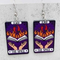Macro shot of purple tarot card earrings with black cat and spice illustration - The Spice Style(JE1076J)