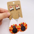 Thanksgiving jewelry set featuring turkey acrylic studs and teardrop leather earrings - Turkey and Happy Thanksgiving Style (JE1070F)