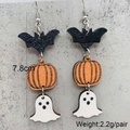 Halloween tiered earrings with wood bat pumpkin and ghost dangles on grey background - Bat Ghost Pumpkin Style (JE1084C)