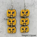 Three-tier Halloween pumpkin drop earrings in yellow wood, 7cm long and 3.2g lightweight - Yellow Triple Pumpkin Style (JE1084B)