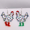 Pendientes navideños de acrílico con gallo, luces de colores y colgantes de botas con brillo - Estilo Gallo de Navidad Asimétrico (Doble cara) (JE1170D)