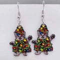 Detail of Christmas cat earrings featuring a tabby cat in a festive tree outfit - Christmas Outfit Gray Cat (JE1192F)
