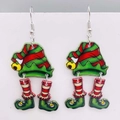Pendientes navideños de acrílico con sombrero de elfo a rayas y botas en fondo blanco - Estilo Botas de Sombrero de Elfo de Navidad (Doble cara) (JE1170A)