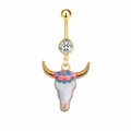 Détail de piercing nombril doré avec zircon et pendentif tête de buffle style boho - Style Tête de Taureau Ethnique Rose Bleu Vert (JE1300G)