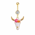 Piercing de nombril en acier doré avec pierre zircon et pendentif tête de buffle fleurie - Style Tête de Taureau Émail Floral Orange Jaune Rose (JE1300J)