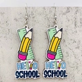 Close-up of Hello School pencil and ruler drop earrings with vibrant colors on grey display - Hello School Style (JE1362F)