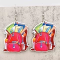 Detailed close-up of wooden student earrings featuring a creative red schoolbag illustration - Red Schoolbag Style (JE1362E)