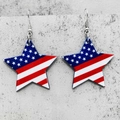 Macro detail of acrylic star earrings featuring American flag patterns with silver hooks - US Flag Pentagram Dangle (JE1356G)