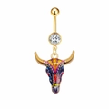 Goldenes Bauchnabelpiercing mit Zirkon und buntem Emaille-Stierkopf-Anhänger - Bunter Ethno Stierkopf Stil (JE1300B)