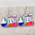 Close-up of laboratory themed acrylic earrings featuring colorful science beakers and flasks - Laboratory Glassware Style (JE1362C)
