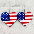 Detailed close-up of heart-shaped USA flag earrings with silver fishhook wires - US Flag Heart Shaped Earring (JE1356E)