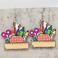 Detailed close-up of teacher-themed wooden earrings featuring pencils and school supplies - Teacher Stationery Style (JE1362B)