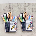 Detail of wooden back to school earrings featuring pencils and scissors elements - Stationery Set Style (JE1362A)