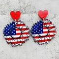 Creative sunflower acrylic earrings with US flag pattern and red glitter heart stud - US Flag Sunflower Style (JE1356B)