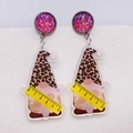 Boucles d'oreilles enseignant gnome acrylique avec motif léopard et règle graduée - Style Règle Gnome Léopard (JE1341L)