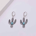 Detailed view of bohemian cactus hoop earrings with turquoise stones and vintage silver finish - Vintage Cactus Design Style (JE1355E)