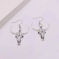 Close-up of vintage silver bull skull earrings with distressed metal texture and hooks - Vintage Bull Skull Style (JE1355H)