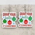 Detailed view of wooden Christmas hook earrings featuring festive ornaments and funny puns - Christmas Balls Decor (JE1405D)