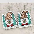 Christmas Gnome wooden earrings with leopard print hat and Happy Holidays text charm - Christmas Gnome (JE1405A)