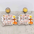 Detalle de pendientes de madera con Jesús calabaza hoja de arce y purpurina amarilla - Estilo Fall For Jesus (JE1400C)