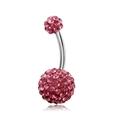 Detailed view of pink crystal Shamballa belly button ring with polished steel bar - Pink