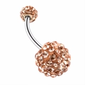Close-up of curved stainless steel navel ring with champagne pavé crystal beads - Rose Gold