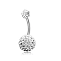 Close-up of silver stainless steel belly ring with clear cubic zirconia pavé setting - White