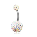 Polished stainless steel belly ring with Shamballa AB crystal pave balls on white background - Colorful