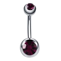 Detailed macro view of a silver curved belly button ring with two deep purple crystals - Purple