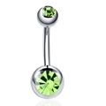 Silver stainless steel belly ring with double olive green crystals on a white background - Green