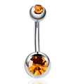 Polished stainless steel belly ring with double round orange gemstones and curved bar - Orange (G)