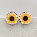 Detail view of sunflower-shaped wood earrings with vibrant yellow petals and textured centers - Sunflower Style (JE1427G)