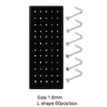 Set de 60 piercings de nez en forme de L en acier inoxydable avec cristaux colorés - Style en L 1.8mm (JE0100B) (60 Pièces) / Coloré
