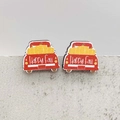 Herbst-Ohrringe aus Holz mit rotem LKW und Kürbissen sowie Happy Fall Text für Erntedankfest - Kürbis-LKW-Stil (JE1427A)