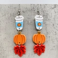 Detail of fall-themed earrings featuring acrylic pumpkin, maple leaf, and coffee cup - Coffee Pumpkin Maple Style (JE1435A) / Acrylic Double-sided Printing and Iron