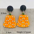 Detail of Halloween pumpkin acrylic earrings with eye patterns and size measurements - Eyeball Pumpkin (JE1441B)