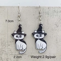 Detail view showing Halloween acrylic cat earrings with wizard hat dimensions and weight - Wizard Cat Style (JE1449H)