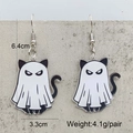 Halloween ghost cat acrylic earrings measuring 6.4cm by 3.3cm on a grey stone background - Ghost Cat Style (JE1449G)