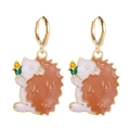 Detailed view of cute hedgehog earrings with colorful enamel finish and gold ear hooks - Hedgehog with Corn (JE1117F)